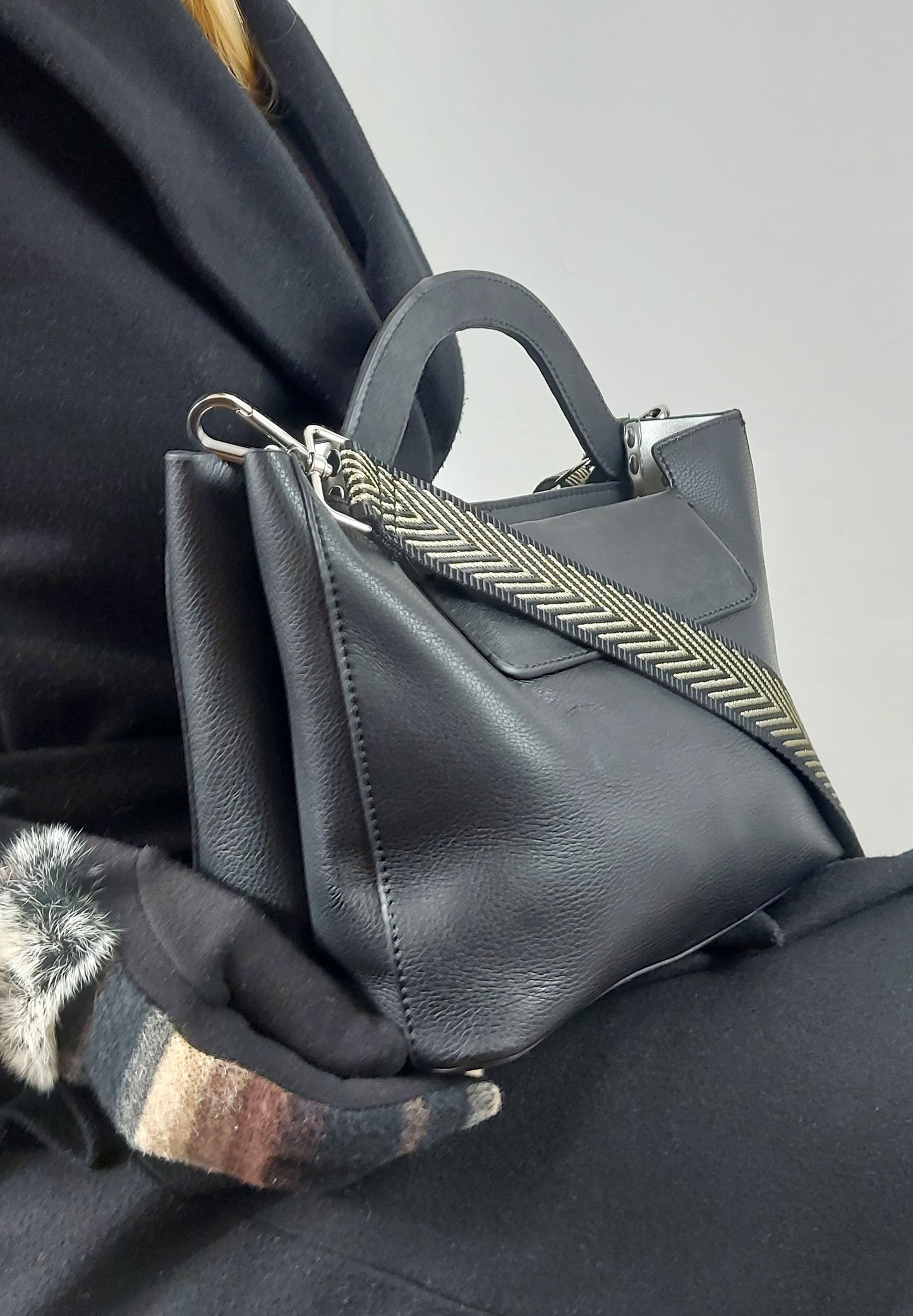 Black Faux Leather Structured Handbag With Extra Long Strap
