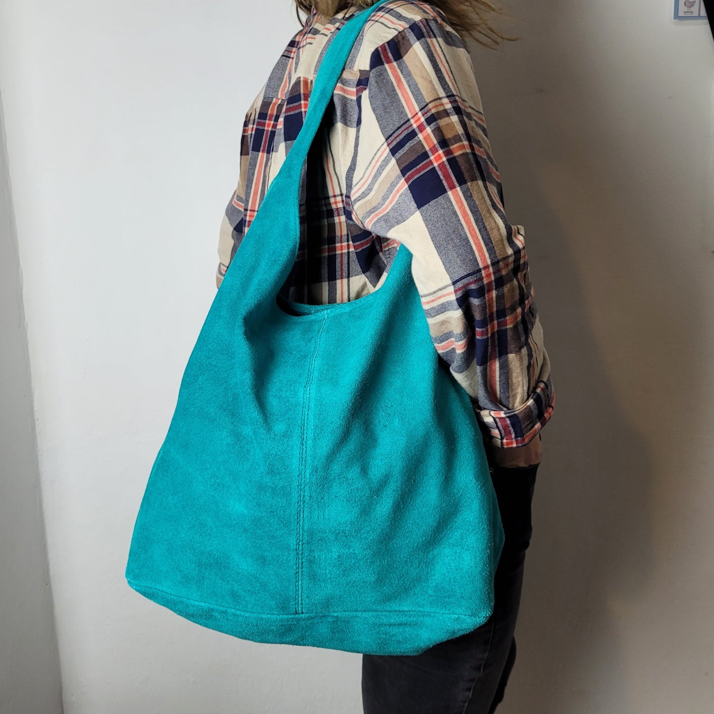 Genuine Suede Turquoise Leather Large Hobo Shopper