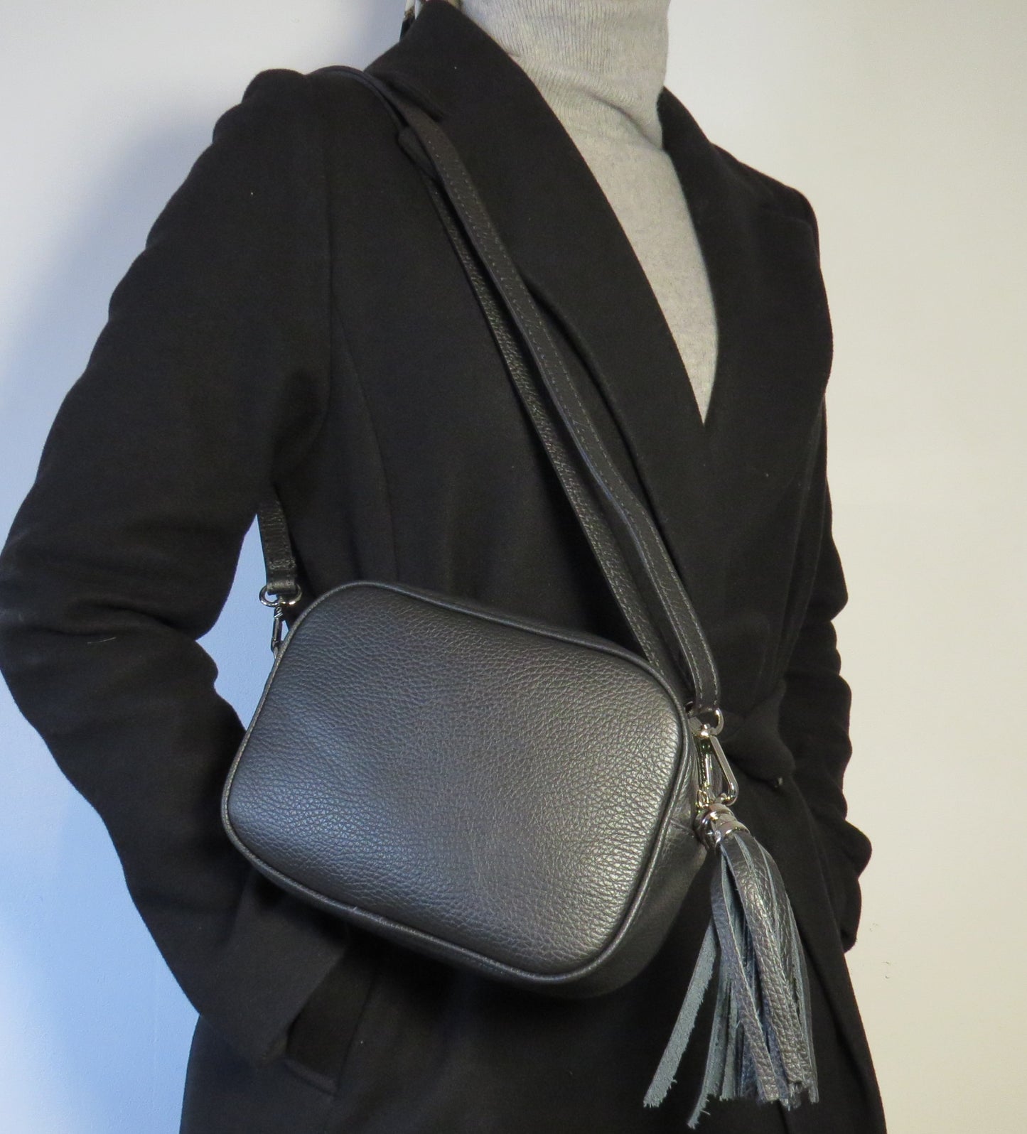 Italian Leather Cross Body Camera Bag With Tassel