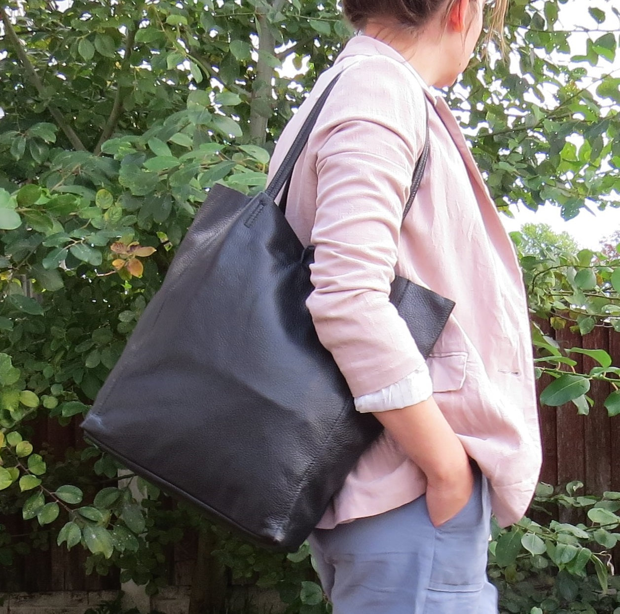 Navy Blue Genuine Leather Shopper Bag Large Leather Star Tote Bag