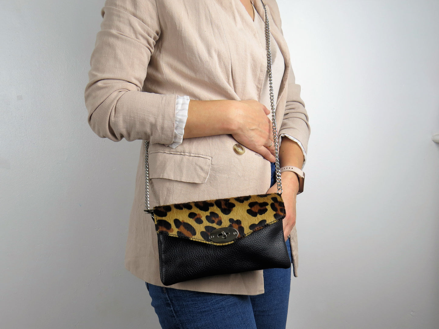 Genuine Italian Leather Mini Leopard Print Crossbody Bag