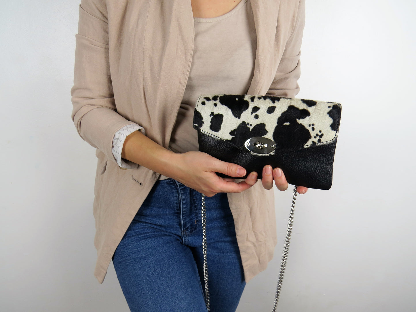Genuine Italian Leather Mini Cow Print Crossbody Bag