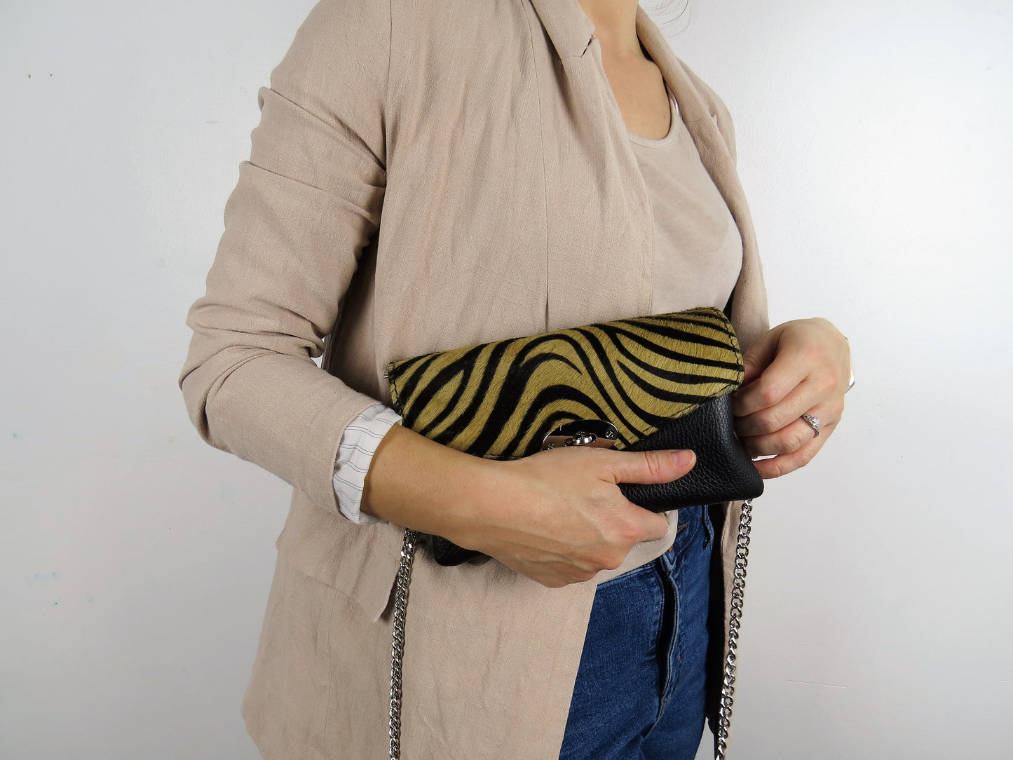 Genuine Italian Leather Mini Brown Zeba Print Crossbody Bag