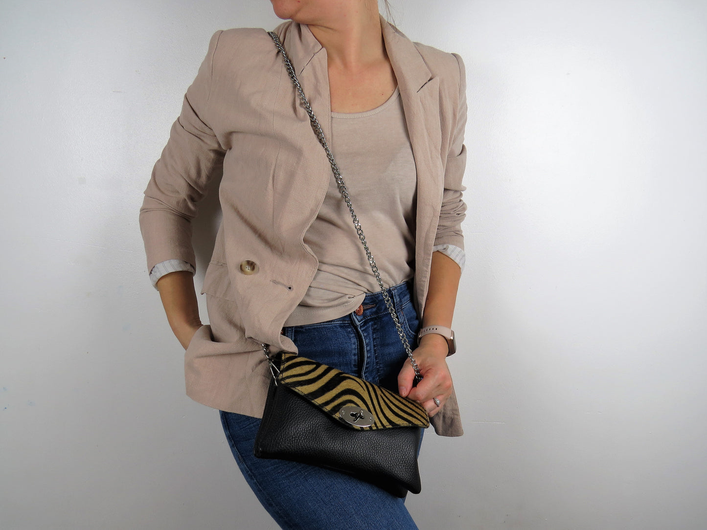 Genuine Italian Leather Mini Brown Zeba Print Crossbody Bag