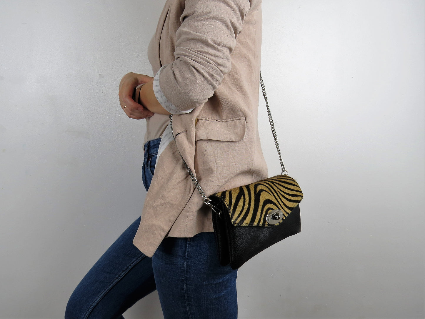 Genuine Italian Leather Mini Brown Zeba Print Crossbody Bag