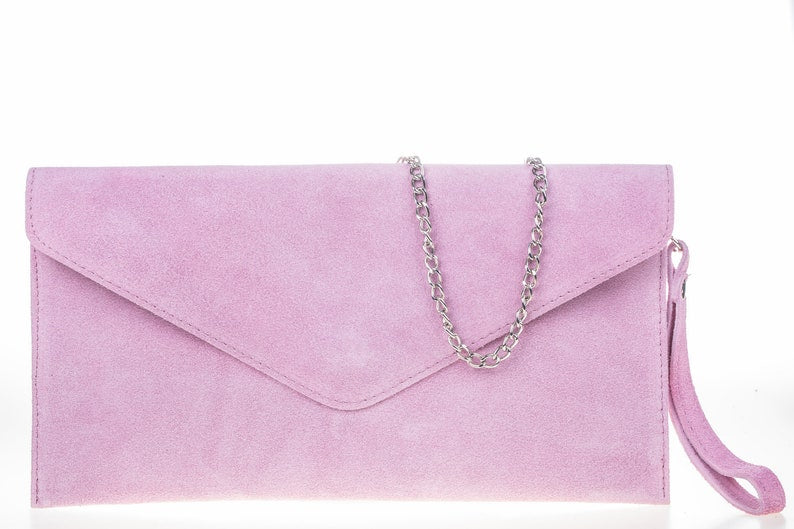 Pink Envelope Clutch Bag with chain strap Back of Brown envelope clutch bag