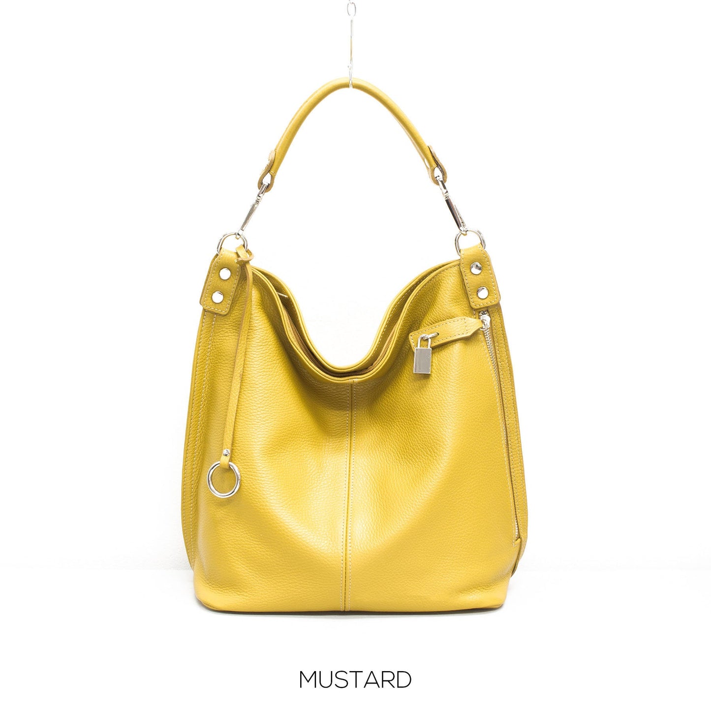 Genuine Leather Right Pocket Hobo Bag Made in Italy Front pocket secured by a pull padlock soft ladies handbag pebbled Leather Gift For Her