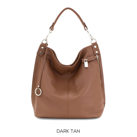 Genuine Leather Right Pocket Hobo Bag Made in Italy Front pocket secured by a pull padlock soft ladies handbag pebbled Leather Gift For Her