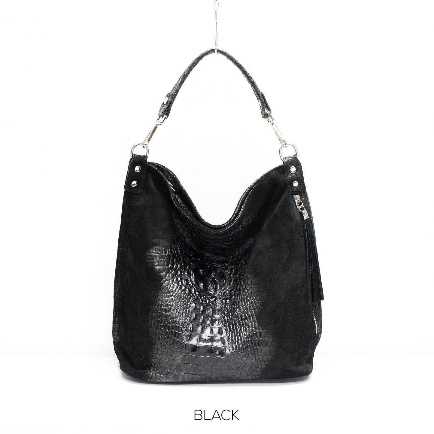 Genuine Real Suede Leather Croc Effect Hobo Bag