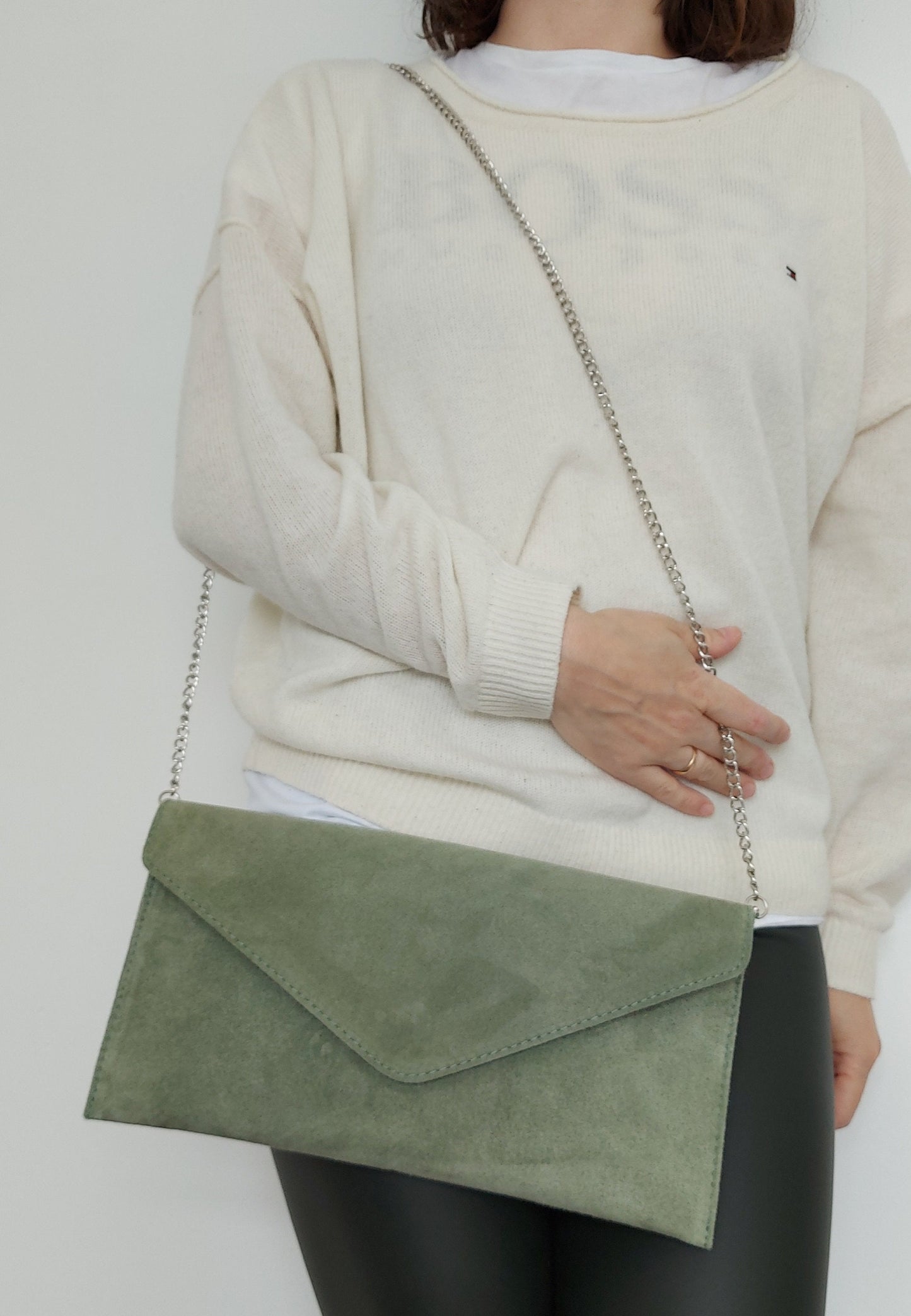Sage Green envelope clutch bag with chain strap