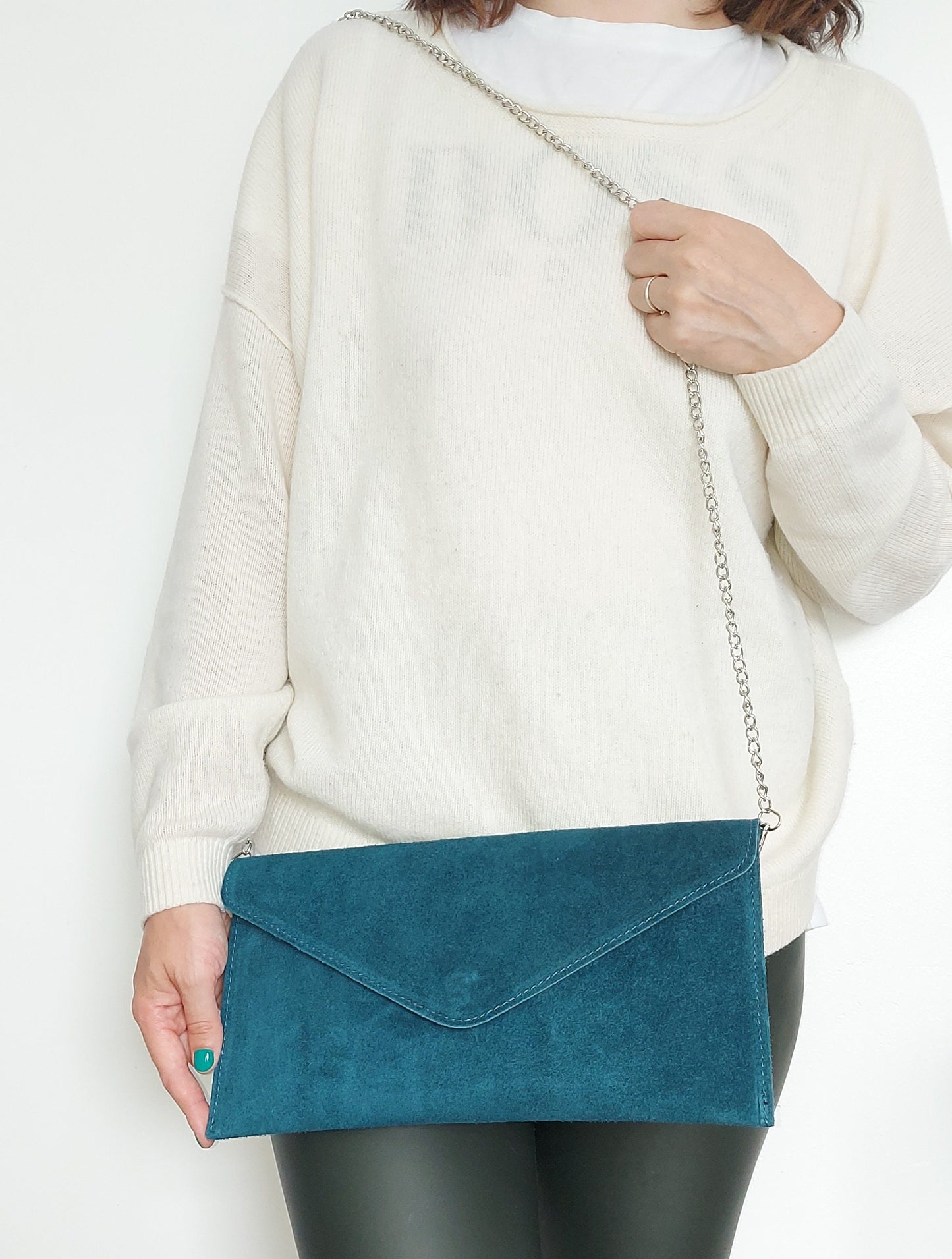Teal Green Blue envelope clutch bag with chain strap