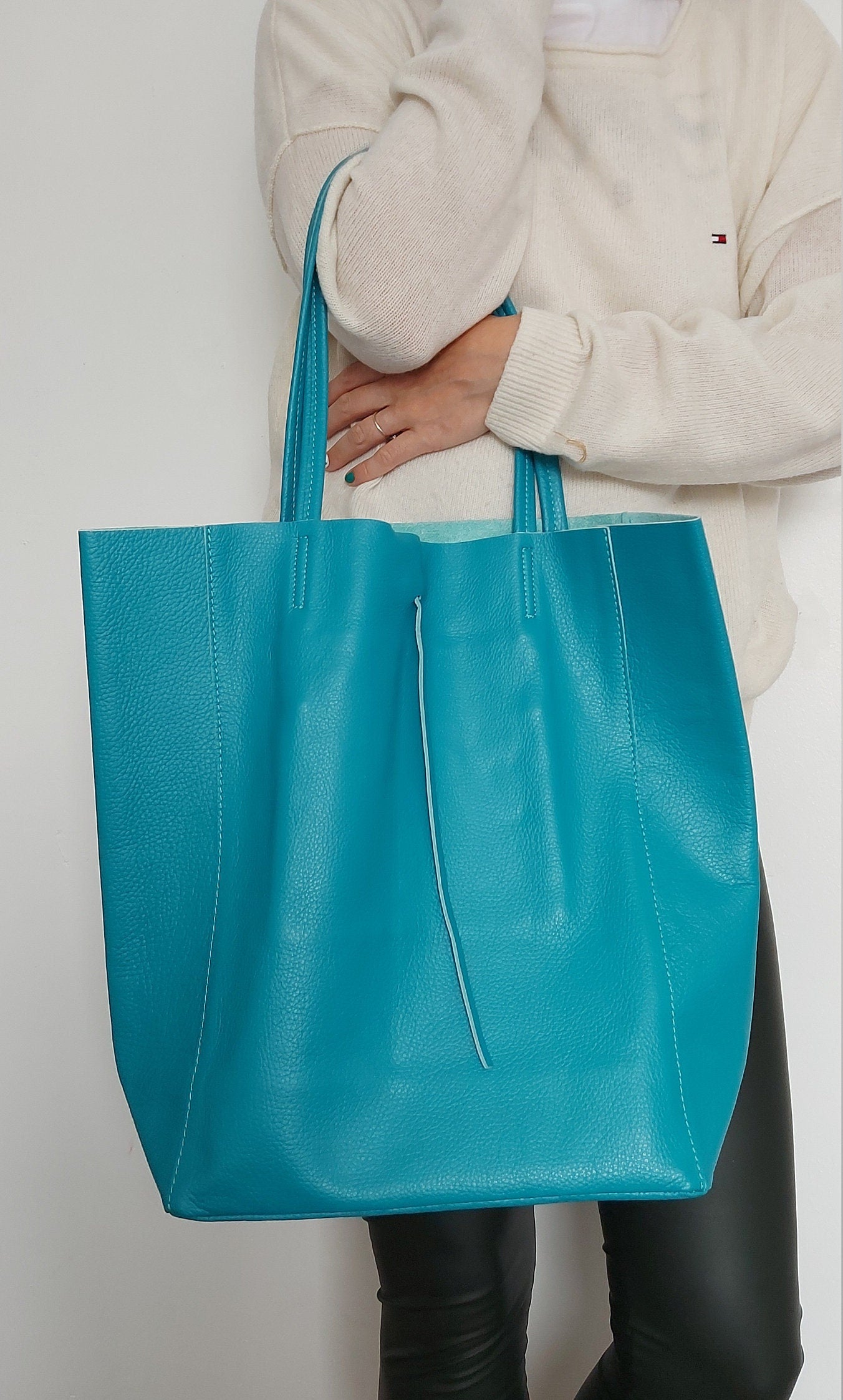 Turquoise Genuine Leather Shopper Bag Large Leather Tote Bag