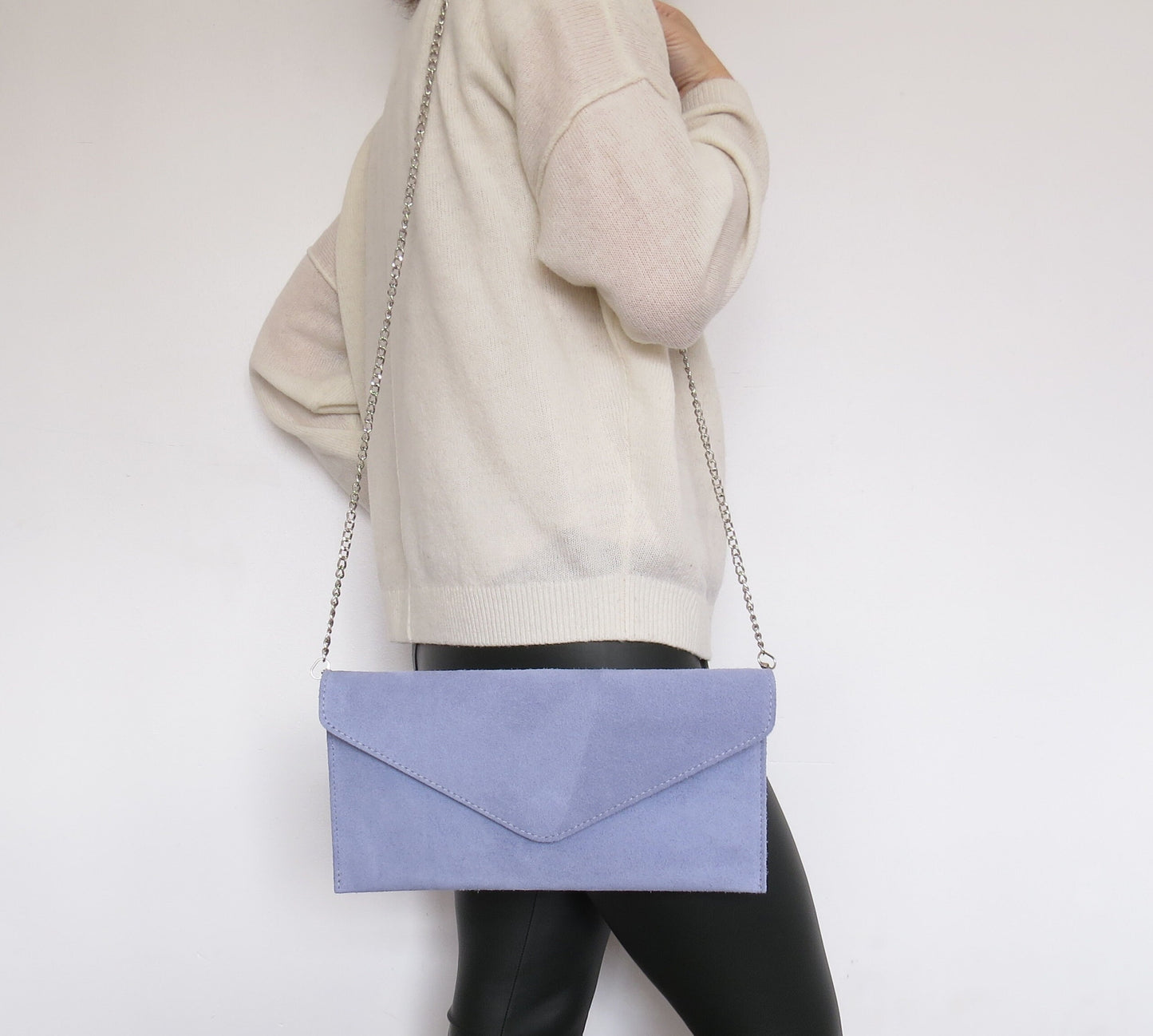 Lavender envelope clutch bag with chain strap