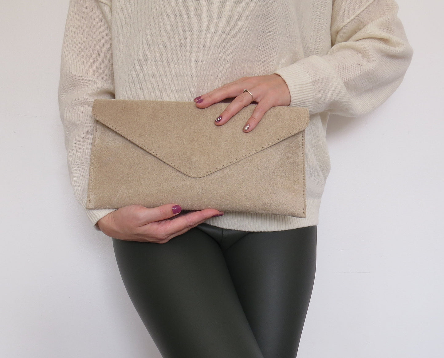 Beige Suede envelope clutch bag