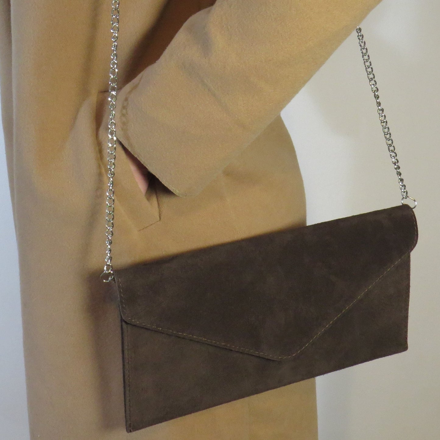 coffee brown envelope clutch bag with chain shoulder strap