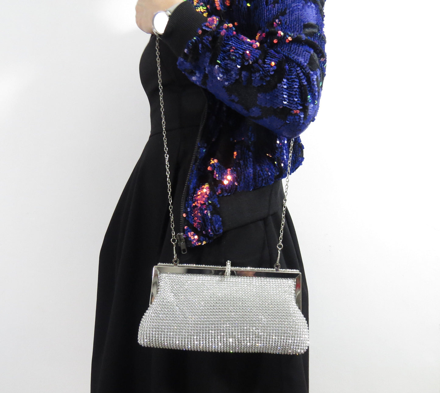Sparkly Black Silver Clasp Wedding Event Clutch Bag Shoulder Bag perfect eye-catching Silver Diamante Bridesmaid Gift Present Wedding Party
