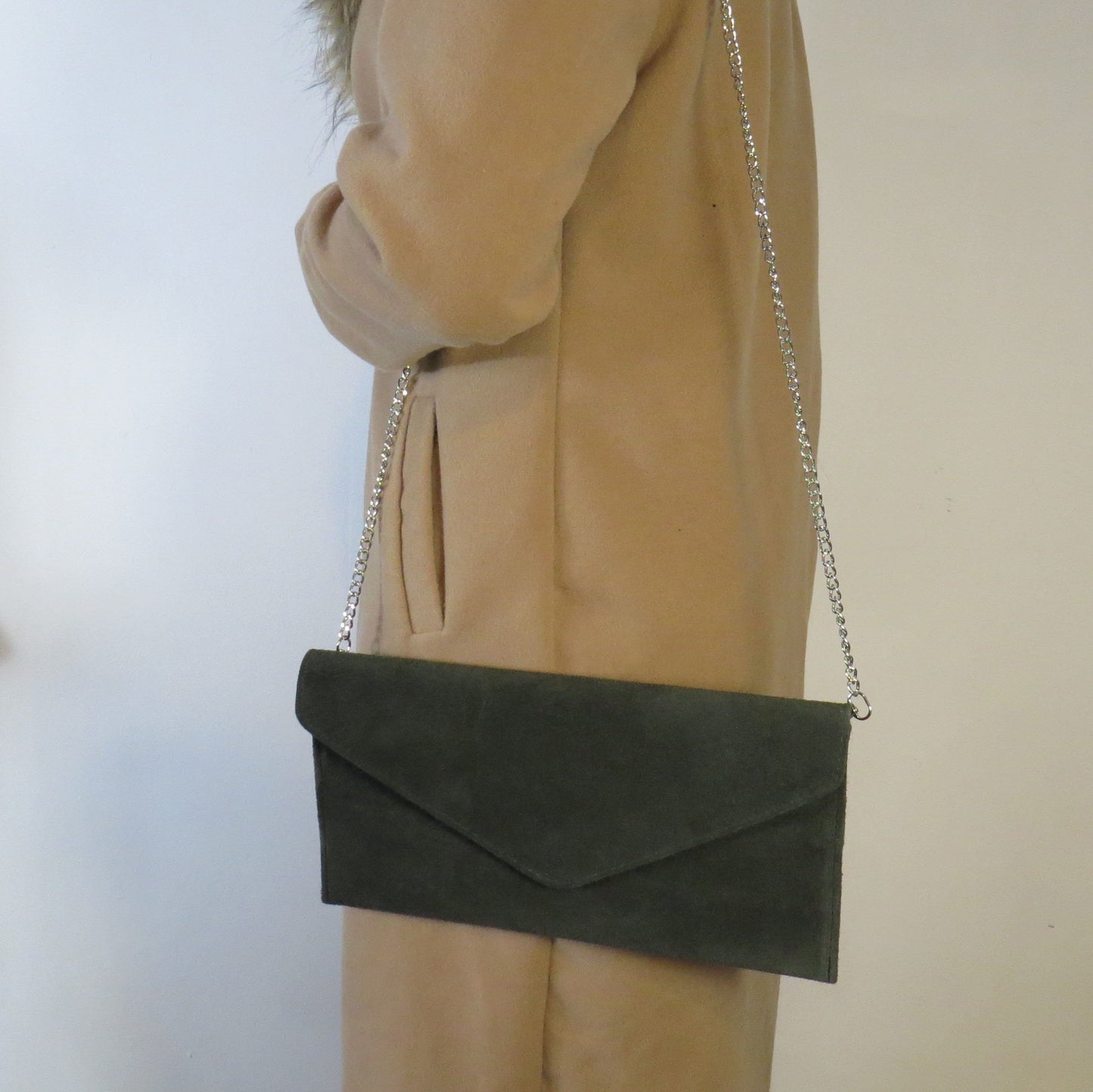 Dark Green envelope clutch bag with chain strap