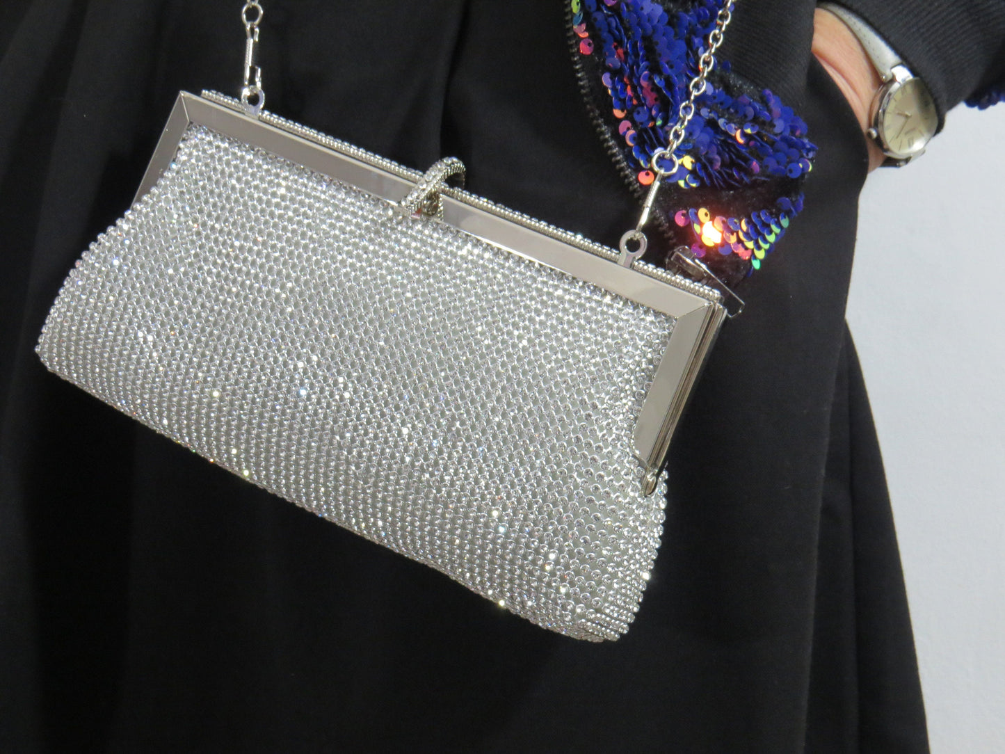 Sparkly Black Silver Clasp Wedding Event Clutch Bag Shoulder Bag perfect eye-catching Silver Diamante Bridesmaid Gift Present Wedding Party