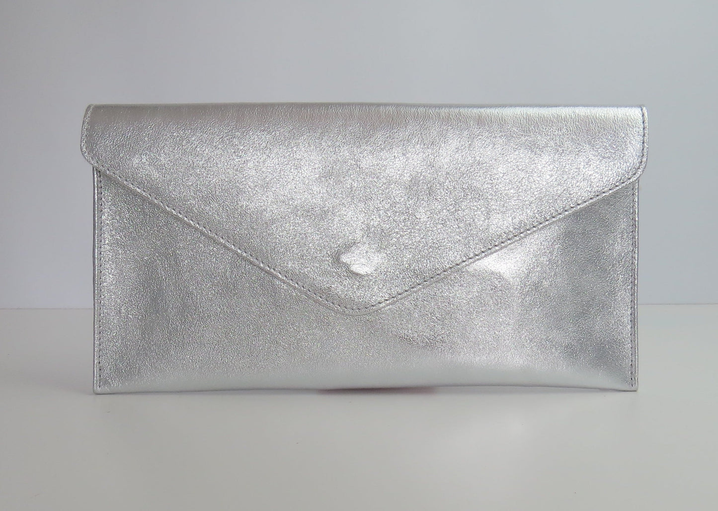 Metallic Silver Leather Envelope Clutch Bag