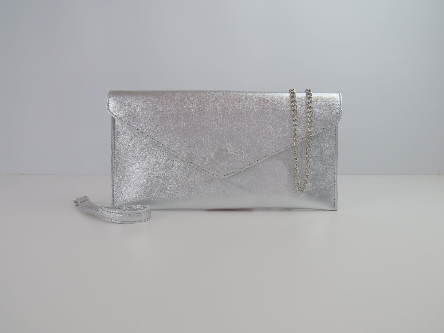 Metallic Silver Leather Envelope Clutch Bag