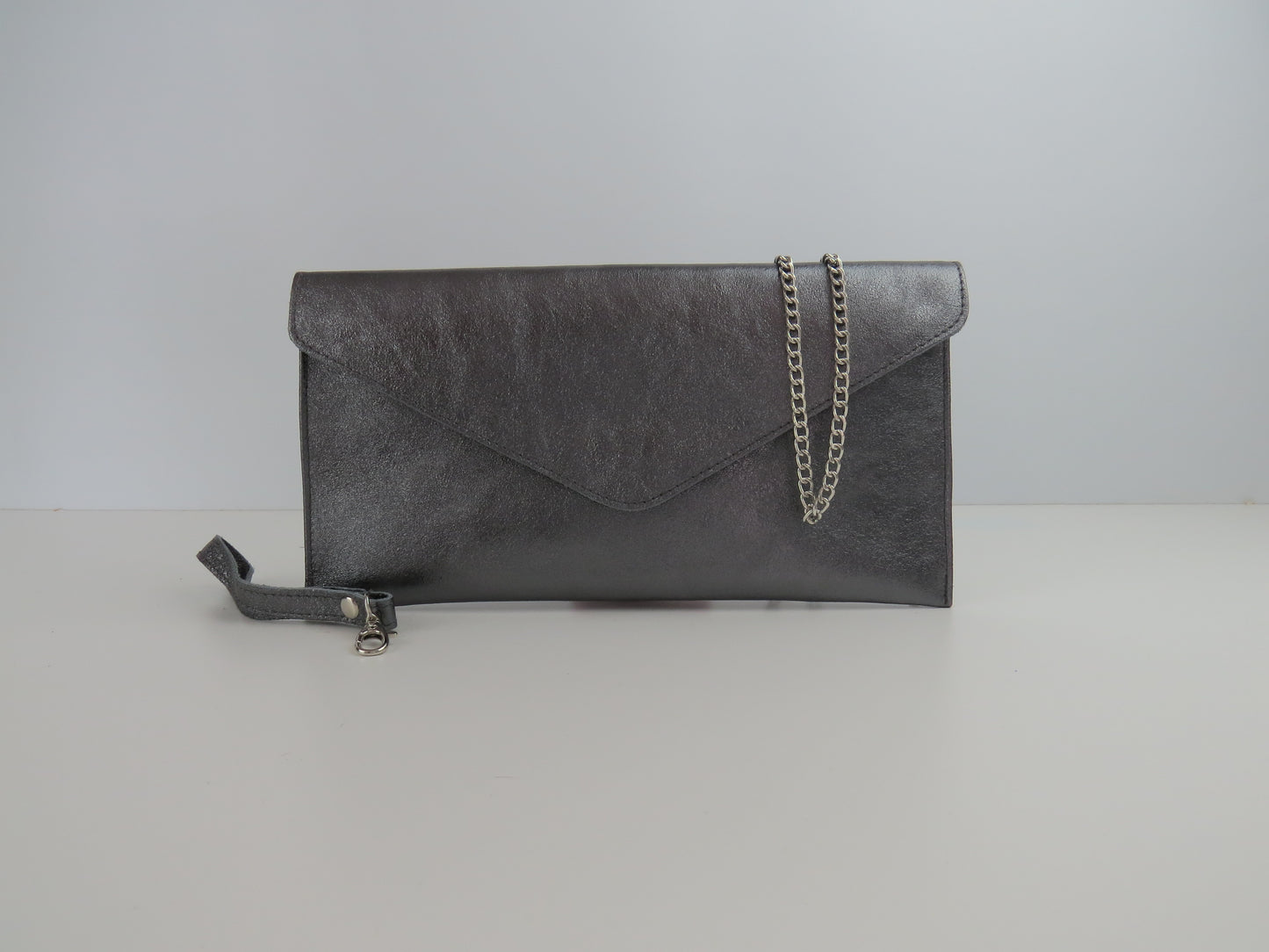 Metallic Dark Pewter Grey Envelope Clutch Bag