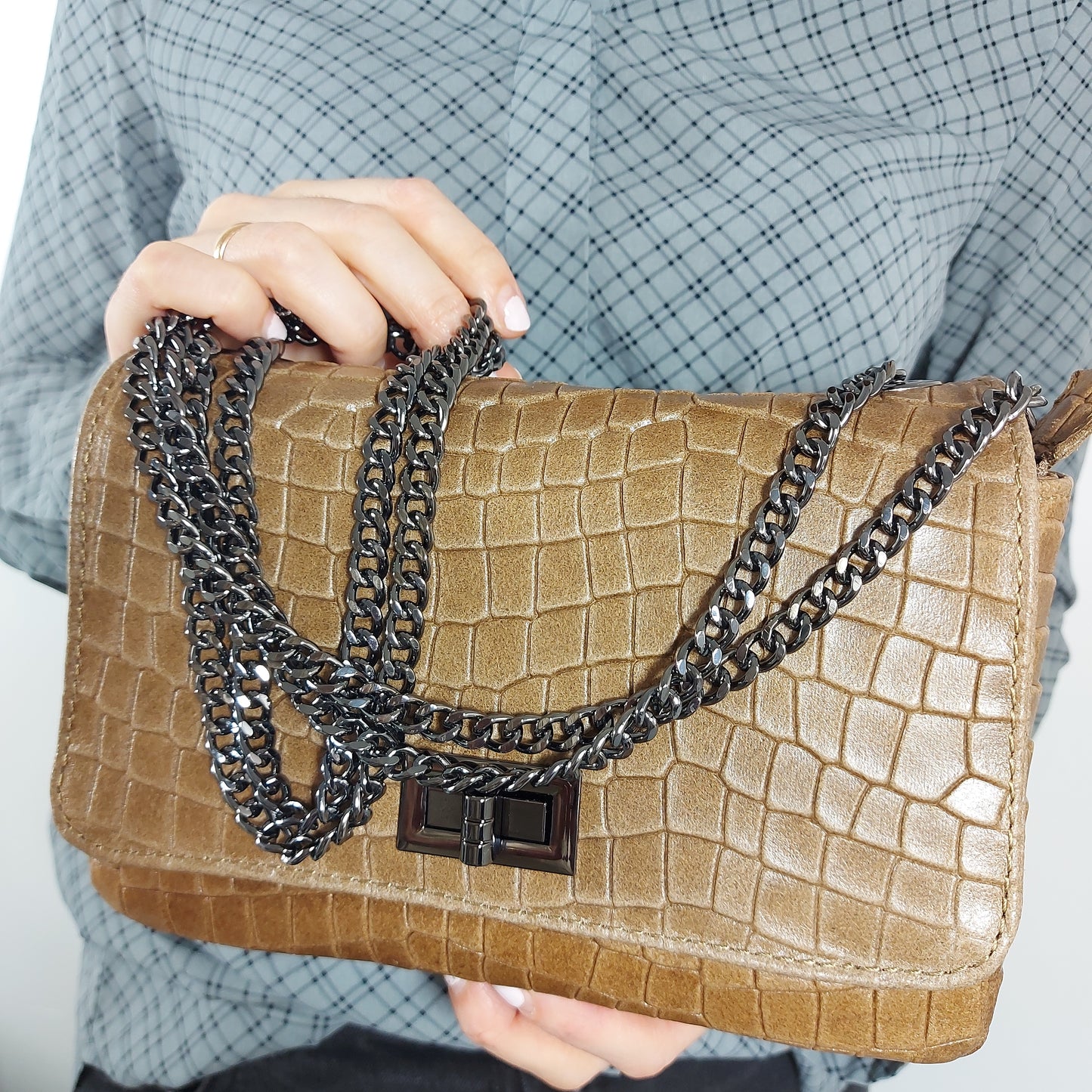 Genuine Italian Leather Croc Effect Crossbody Bag