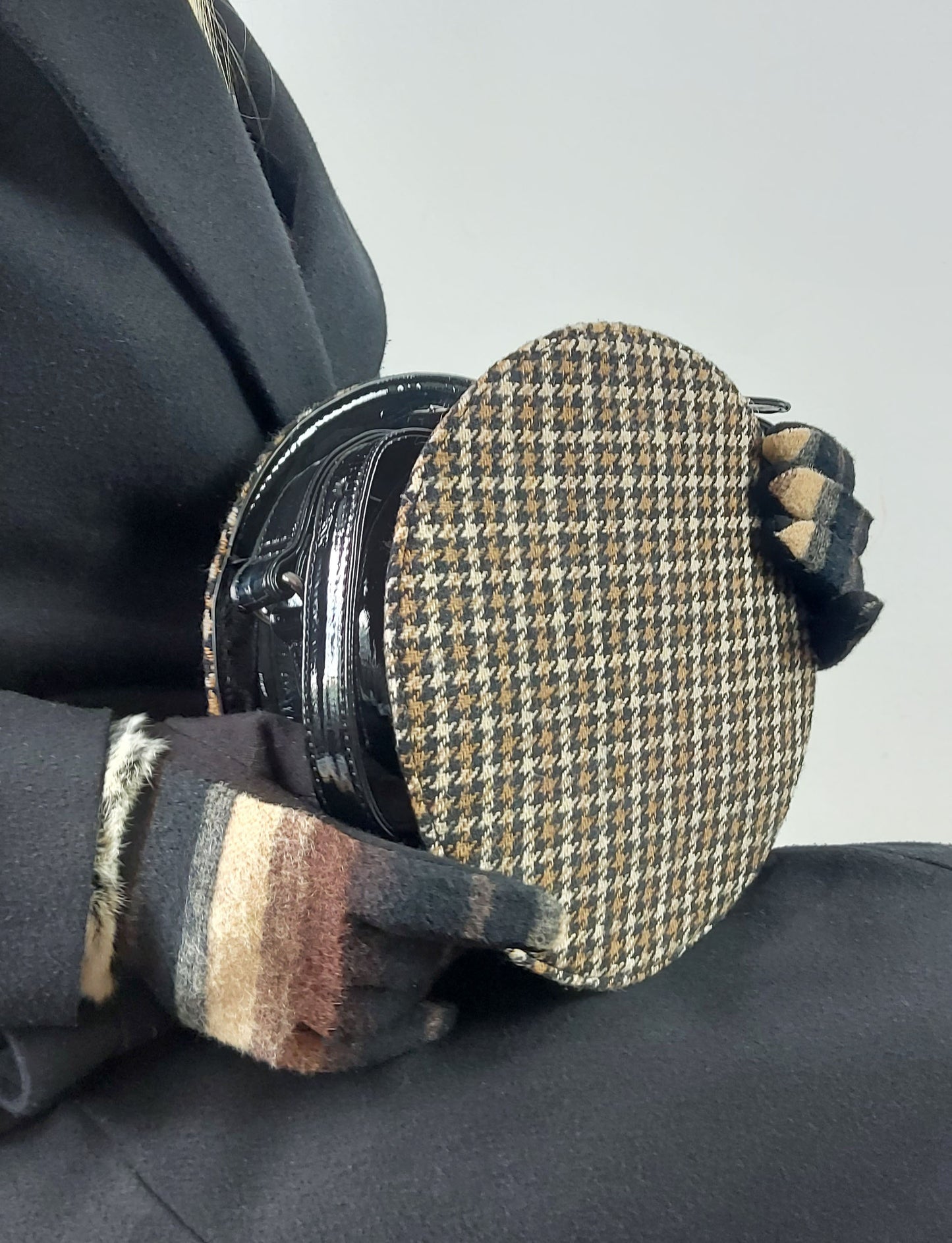 Retro styled Brown Tweed patterned Round Crossbody bag