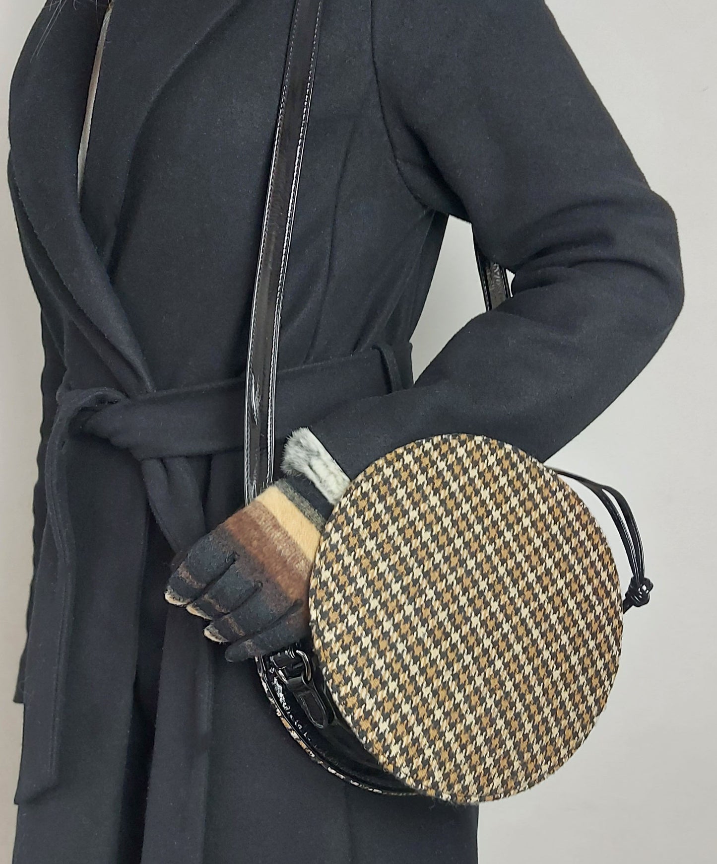 Retro styled Brown Tweed patterned Round Crossbody bag