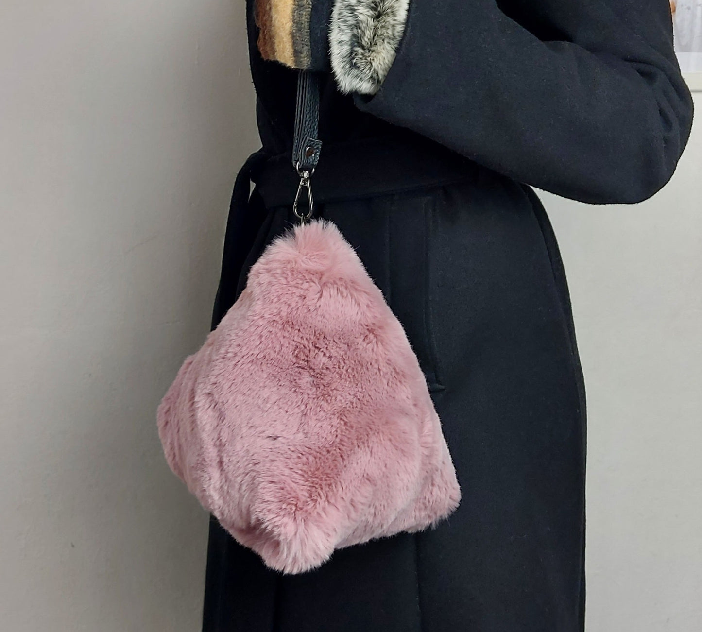 Triangular Dusty Pink Faux Fur Bag Soft Fluffy Purse