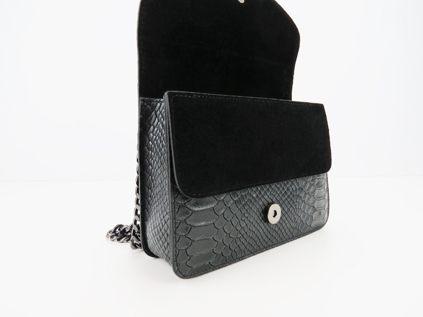 Genuine Leather Snake Effect Black Handbag Christmas Present For Her