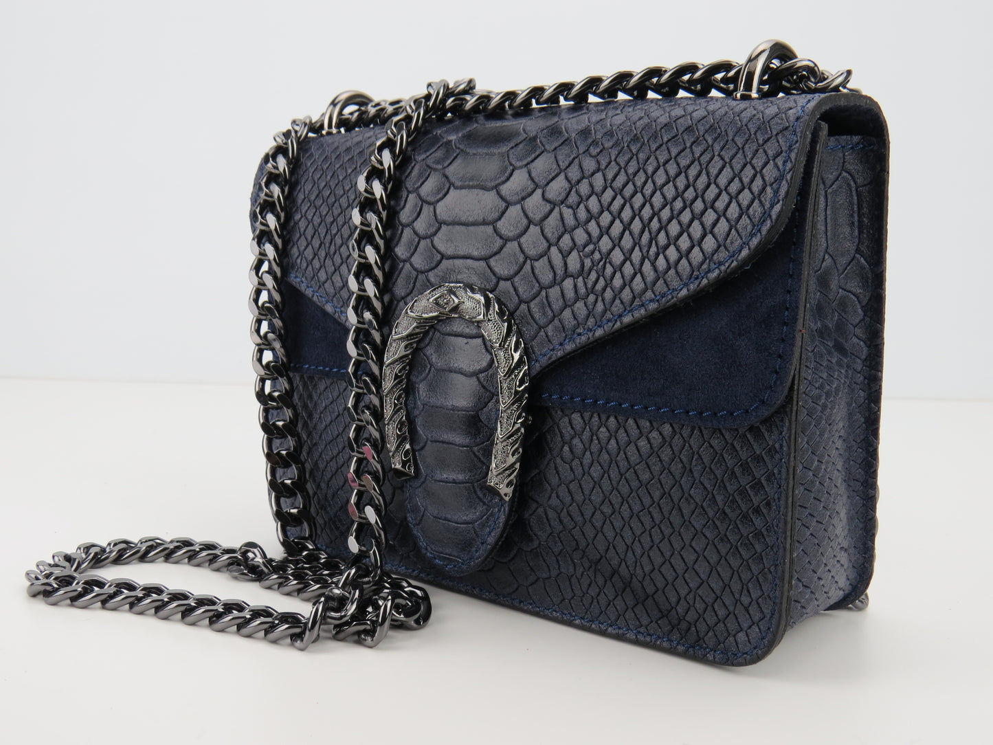 Genuine Leather Snake Effect Navy Handbag Christmas Present For Her