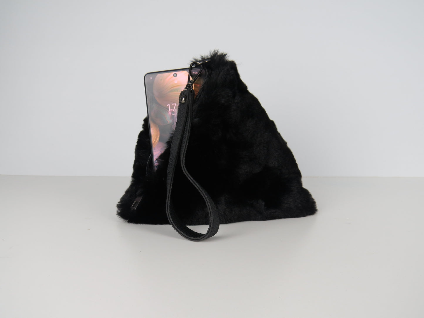 Triangular Black Faux Fur Bag Soft Fluffy Purse