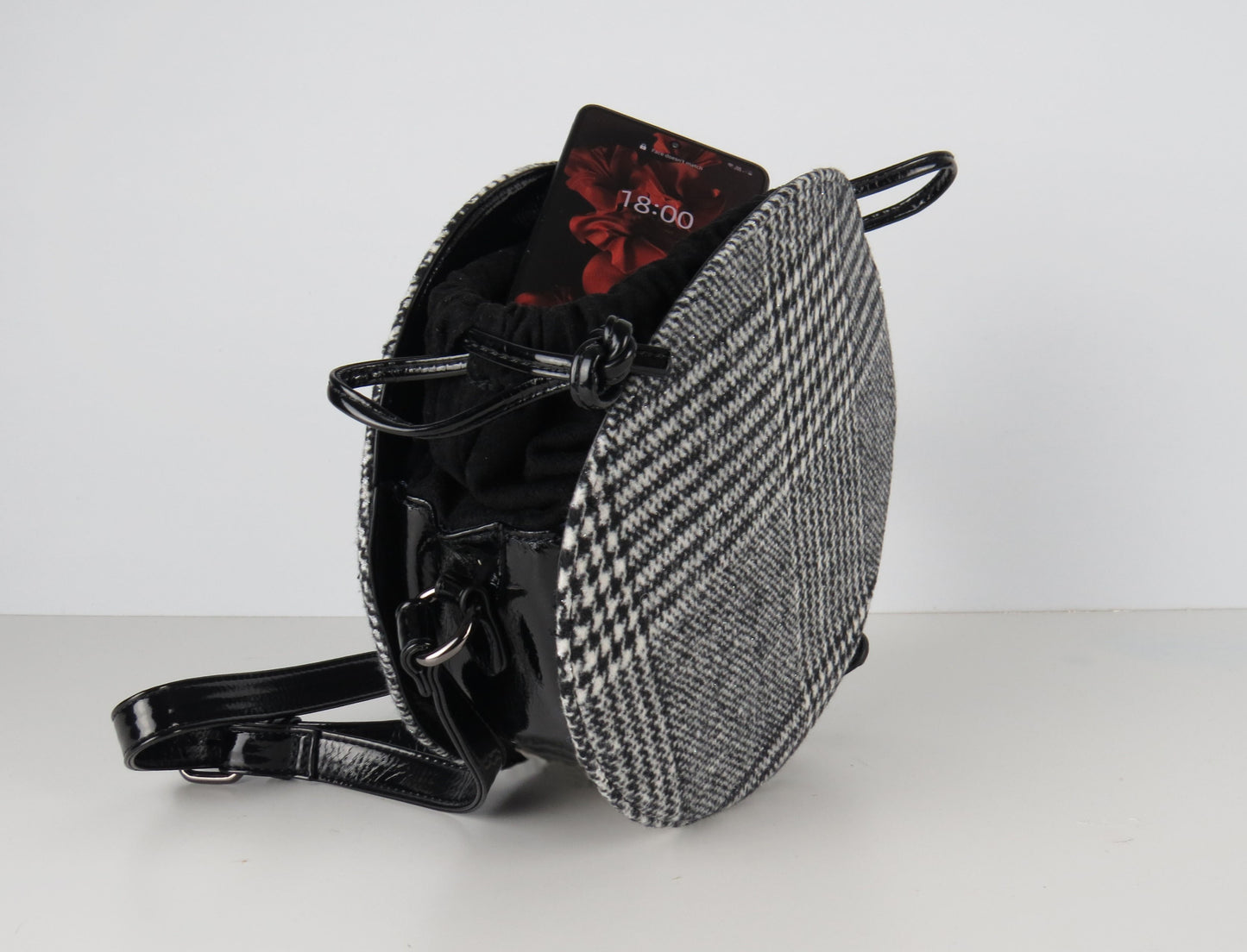 Retro styled Black And White Tweed patterned Round Crossbody bag