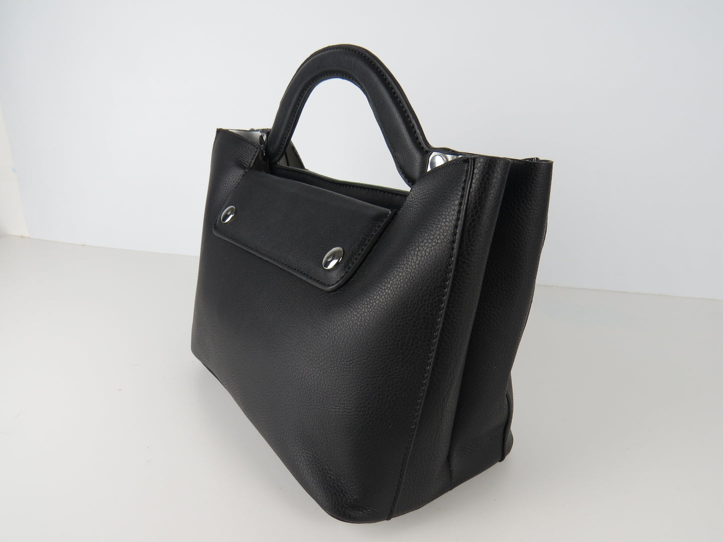 Black Faux Leather Structured Handbag With Extra Long Strap