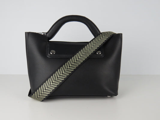 Black Faux Leather Structured Handbag With Extra Long Strap