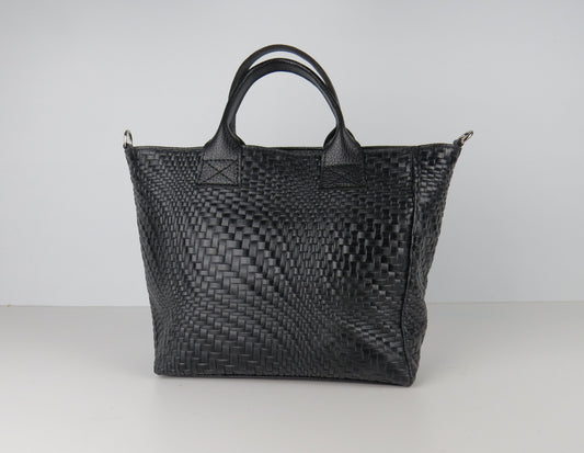 Black Leather Structured Handbag Shoulder Tote Grab Bag
