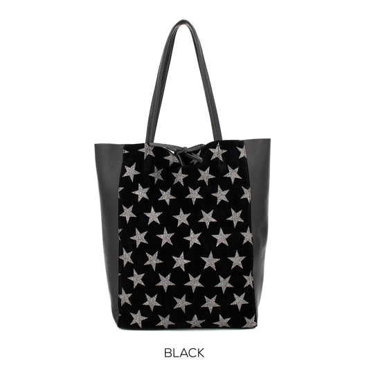 Black Genuine Leather Shopper Bag Large Leather Star Tote Bag