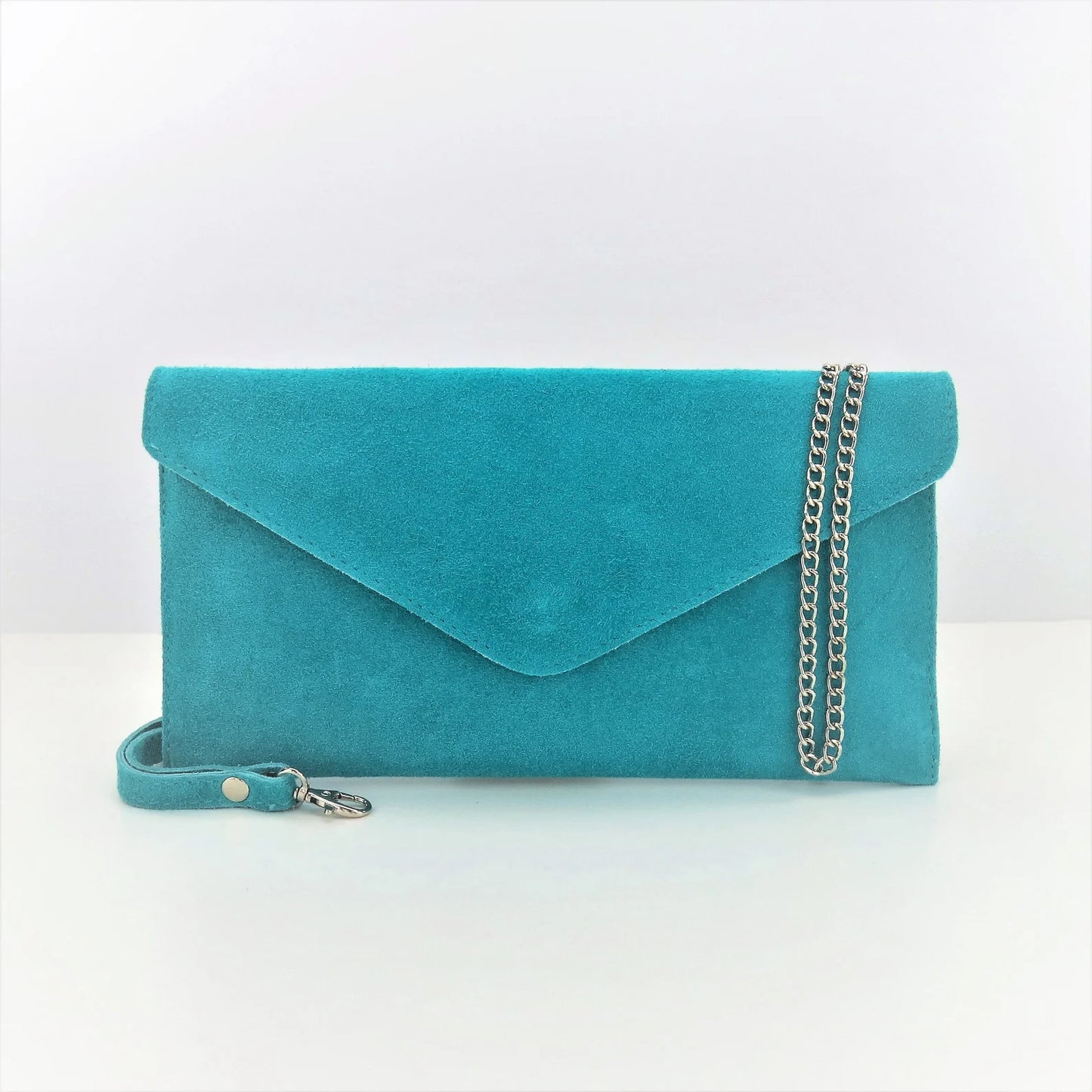 Turquoise Envelope Clutch Bag ith chain strap