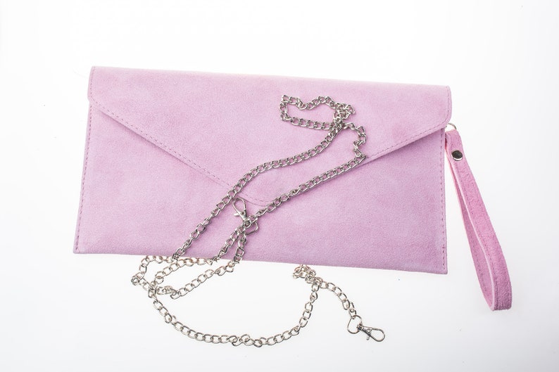 Pink Envelope Clutch Bag with chain strap Back of Brown envelope clutch bag