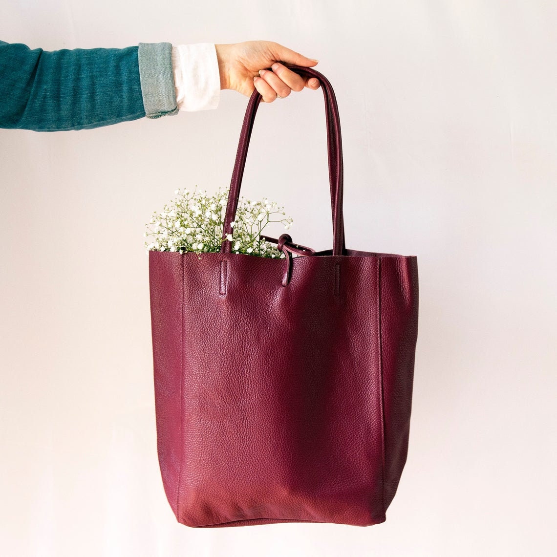 Burgundy Genuine Leather Shopper Bag Large Leather Tote Bag