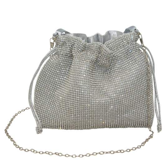 Sparkly Diamante Silver Draw String Shoulder Bag perfect eye-catching Silver handbag Gift Present Wedding Party Valentines Gift For Her