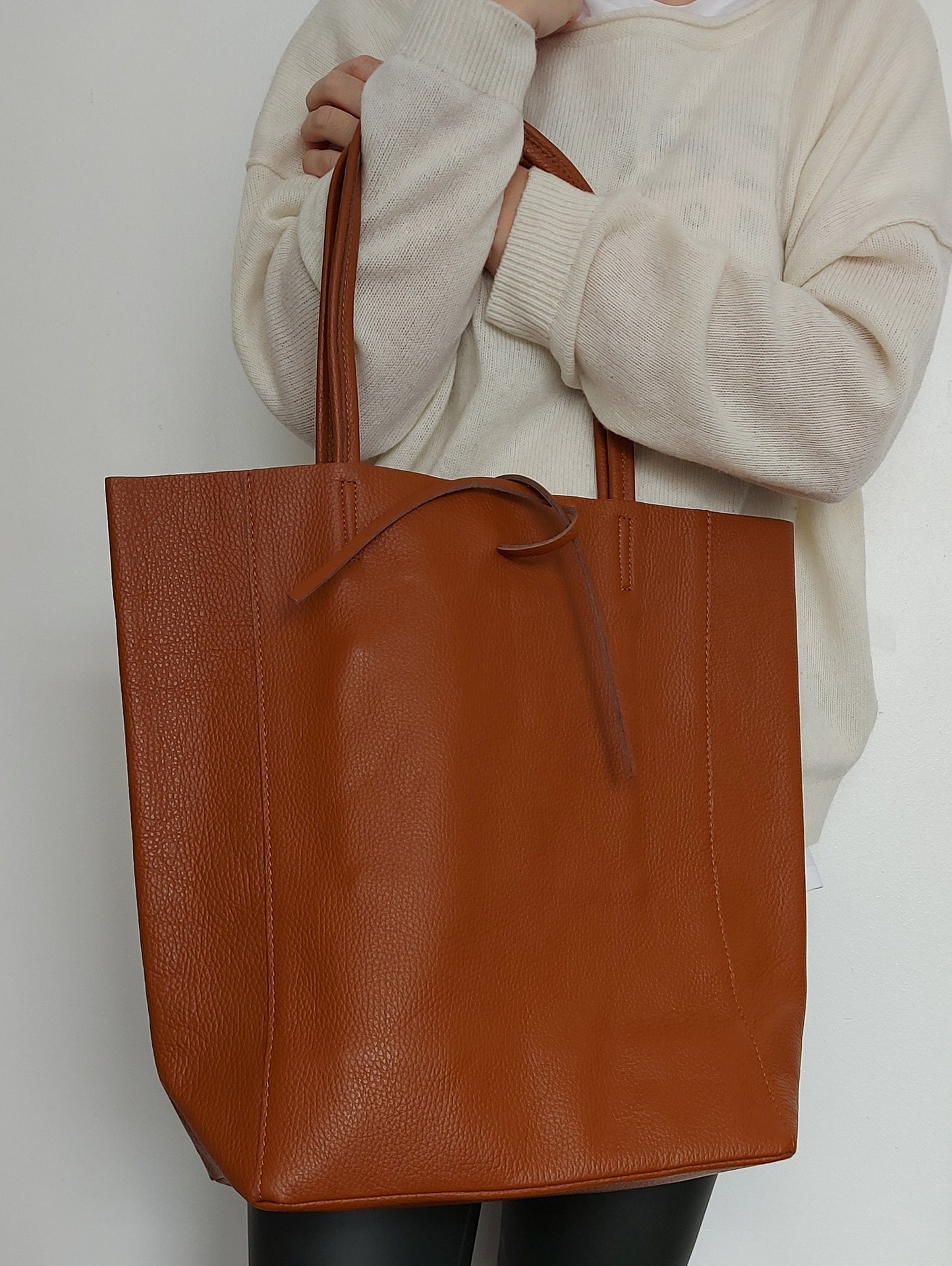 Orange Genuine Leather Shopper Bag Large Leather Tote Bag