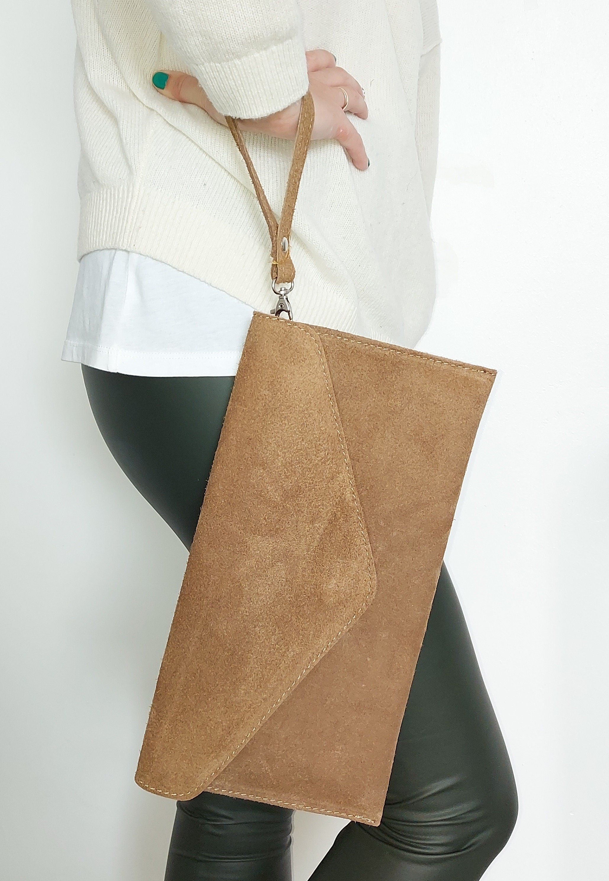 Taupe Suede Envelope Clutch Bag Justbagzz