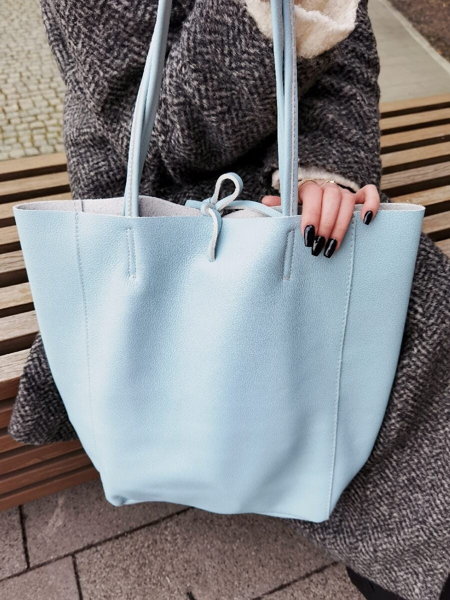 Pale Blue Genuine Leather Shopper Bag Large Leather Tote Bag