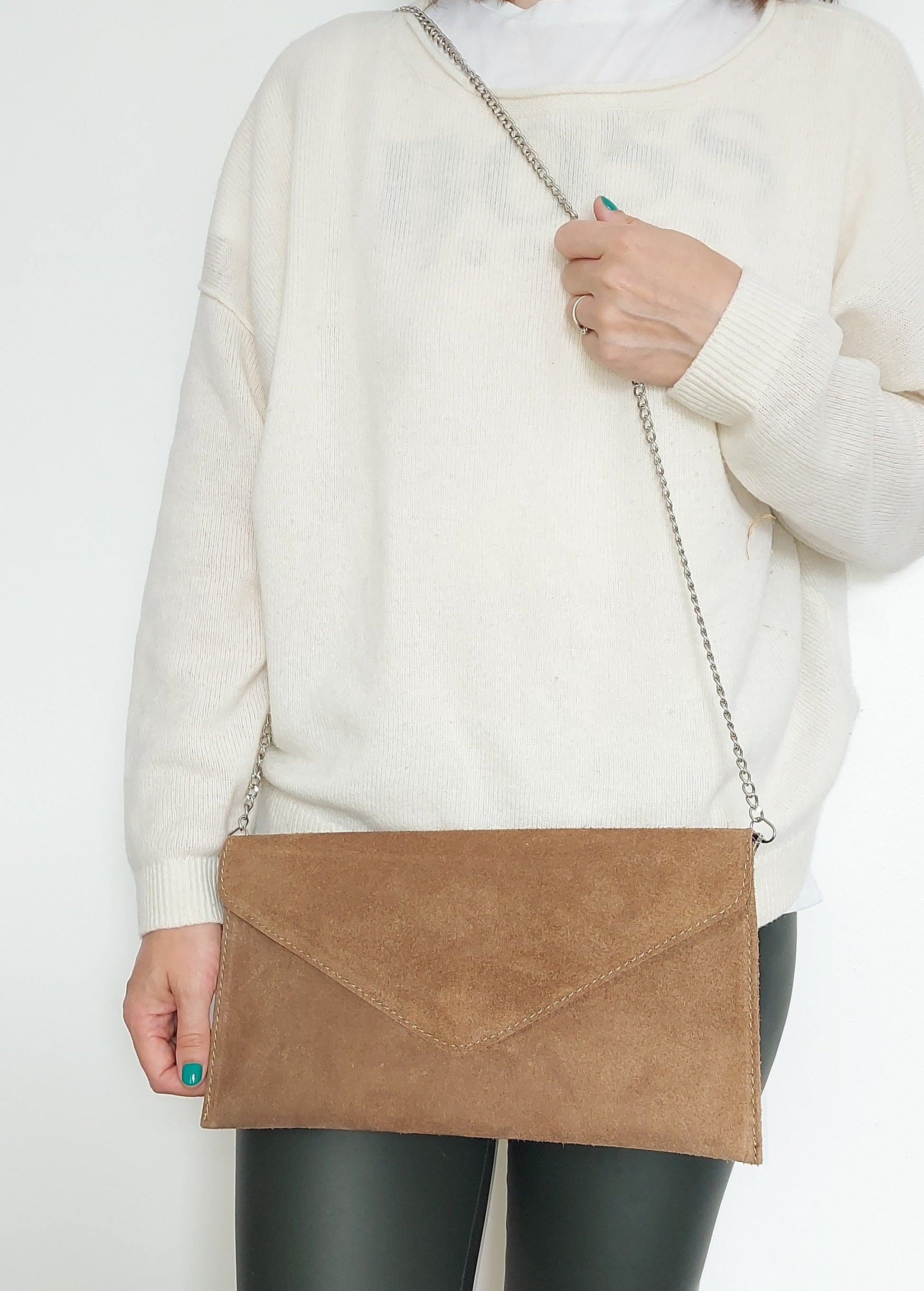 Taupe Suede envelope clutch bag with chain strap
