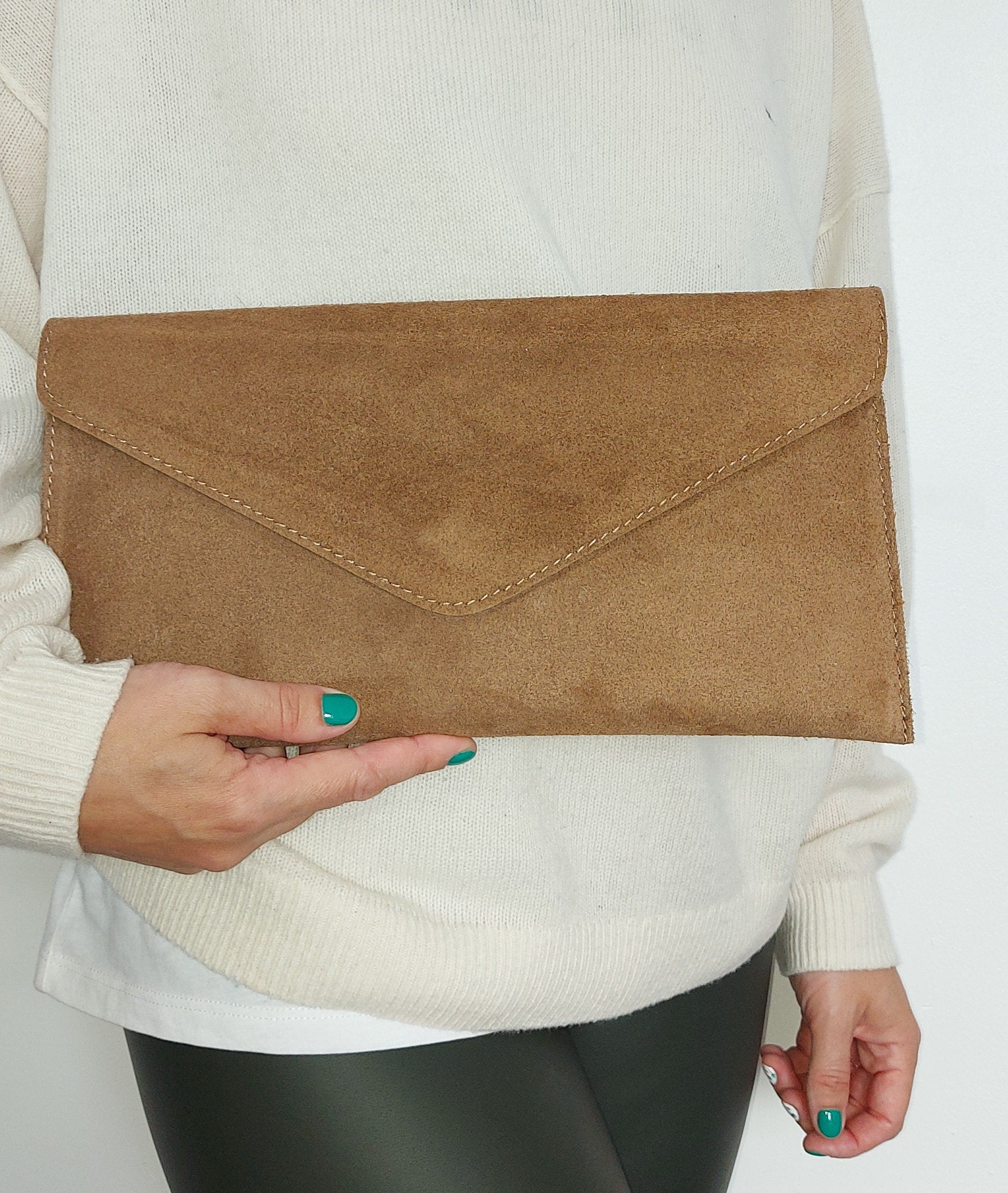 Taupe suede clutch bag online