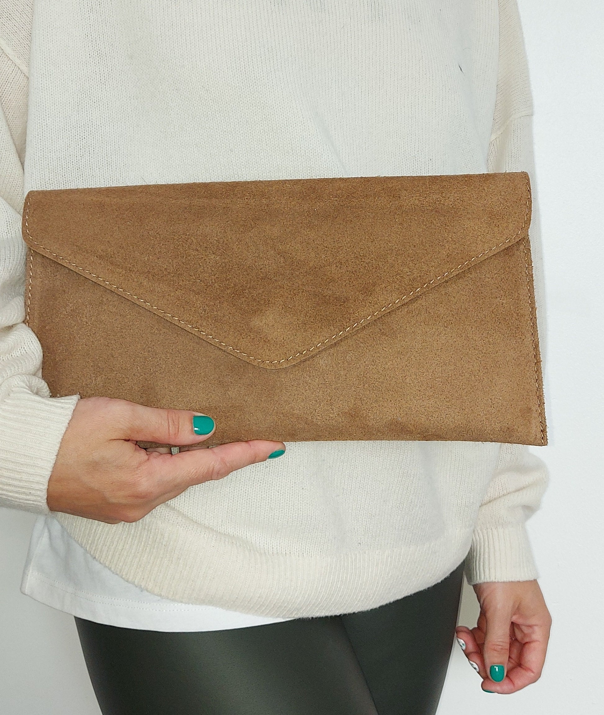 Taupe Suede Envelope Clutch Bag