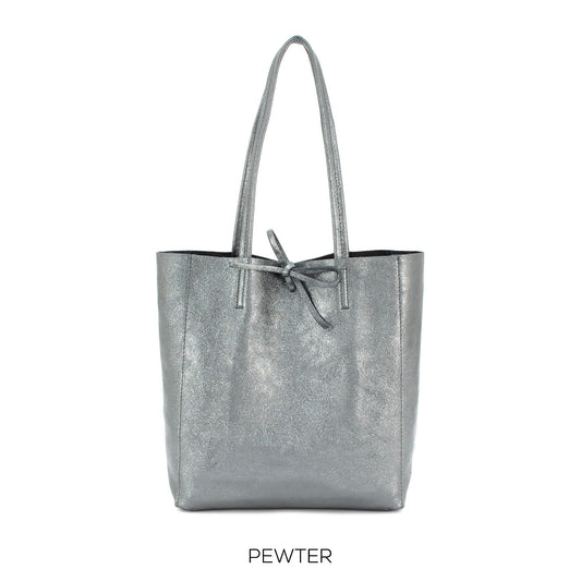 Genuine Leather Medium Pewter Leather Shopper