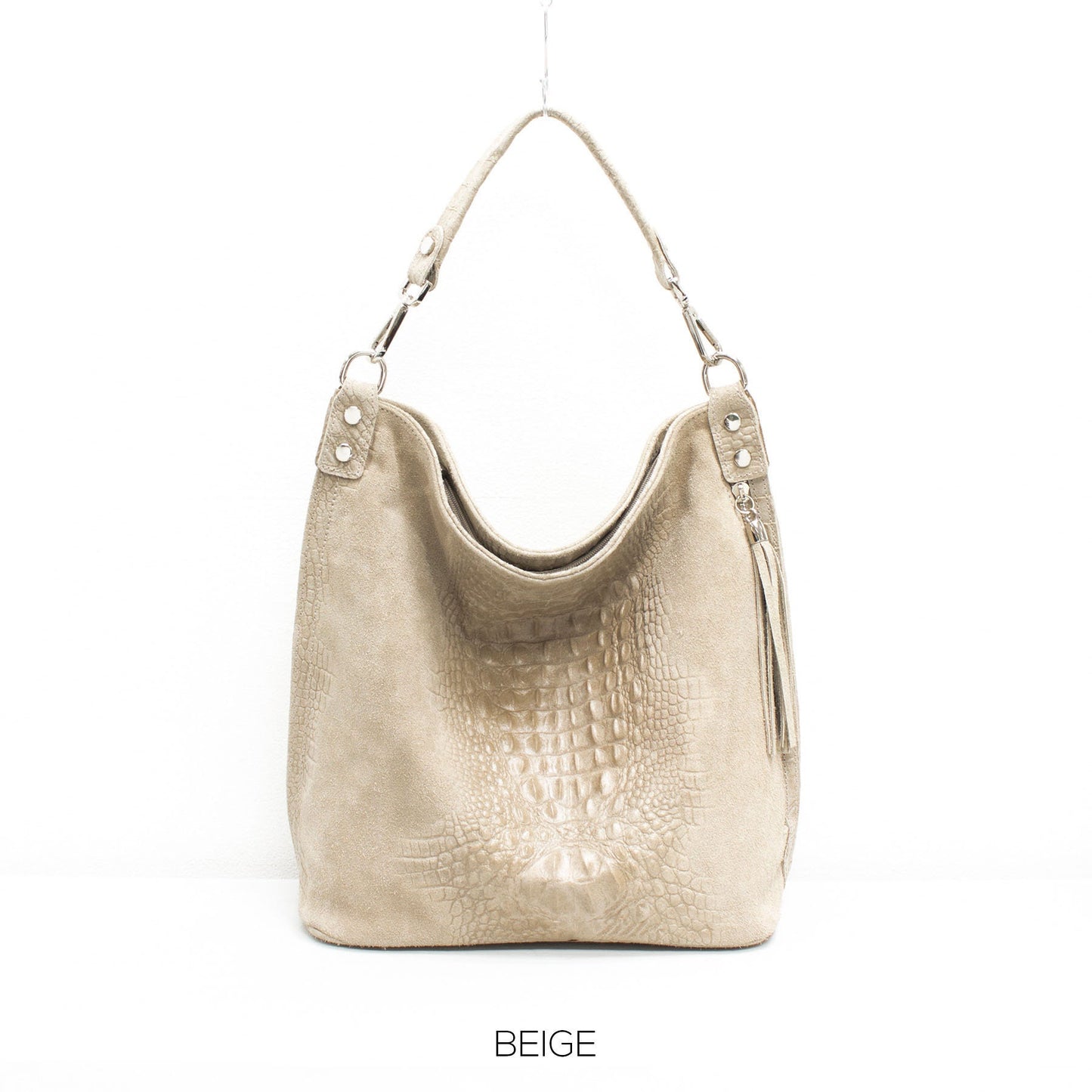 Genuine Real Suede Leather Croc Effect Hobo Bag