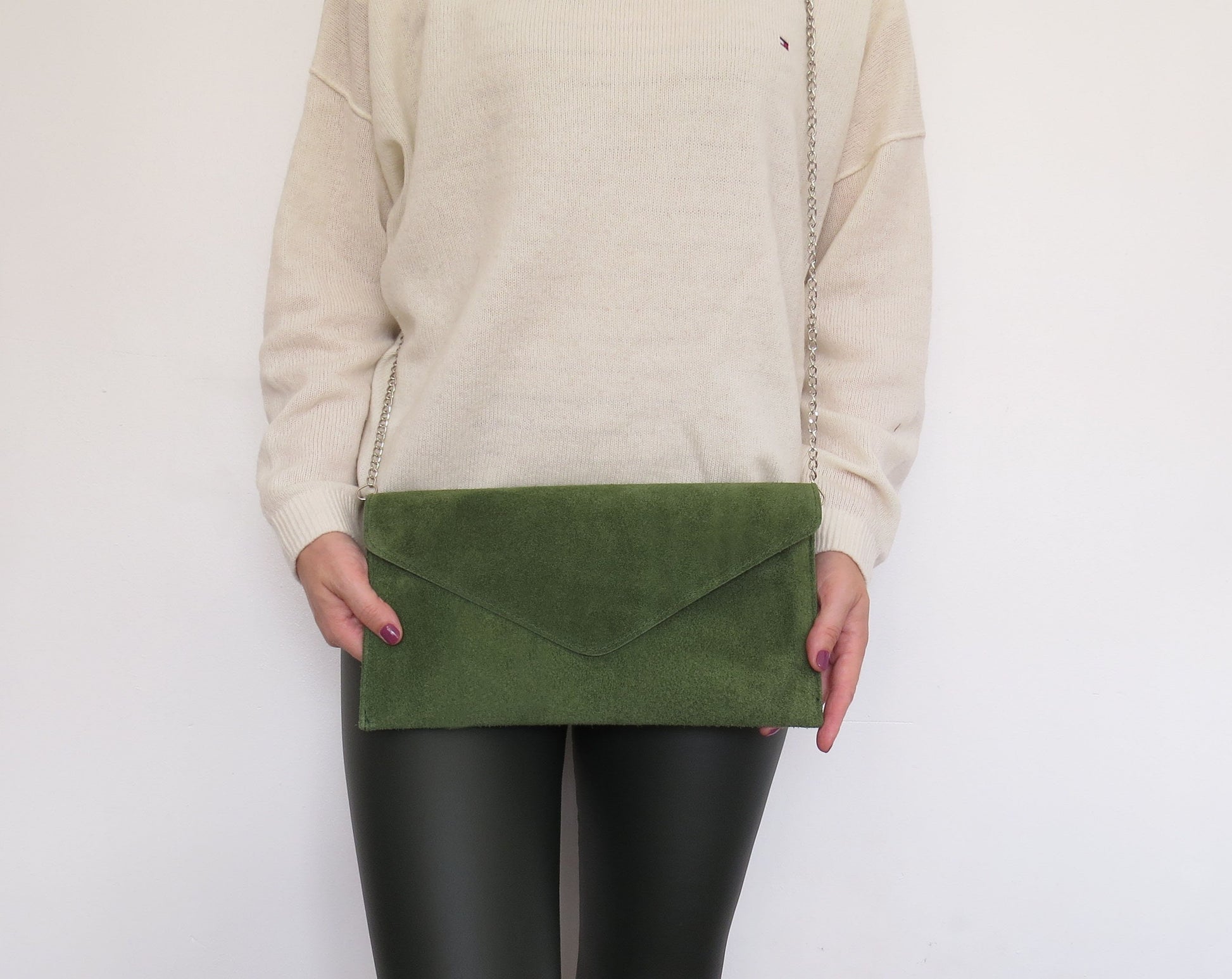 Olive Green envelope clutch bag with chain strap
